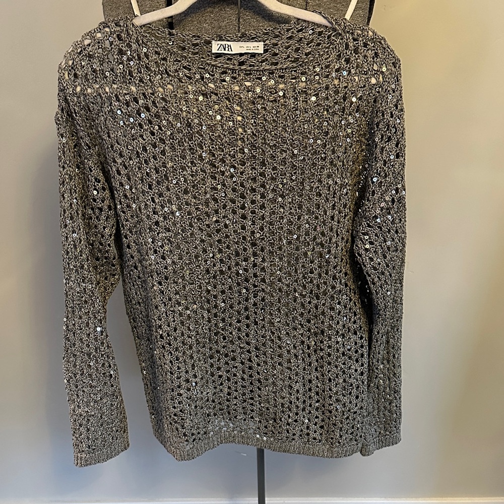 Zara Gray Sequin Open-Knit Sweater